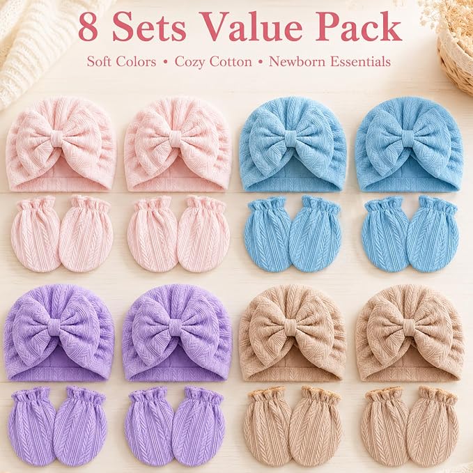 8 Sets Newborn Baby Girl Bow Hats and Mittens Turban Beanies 0-3M | Cotton - Image 8