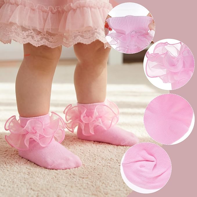 Topbuti 4 Pairs Baby Girls Ruffle Socks Double Lace Frilly Turn Cuff Cotton - Image 3