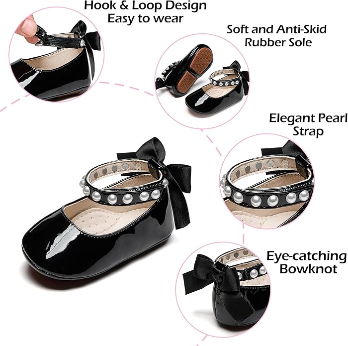 Baby Girls Mary Jane Flats - Infant Newborn Walking Shoes Soft Rubber Sole Princess Wedding
