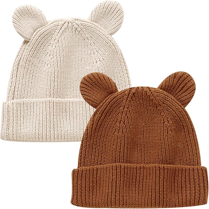 Hadetoto Cotton Baby Beanie Winter Knitted Hat, 2 Pack | Bear Ear Design by Hadetoto