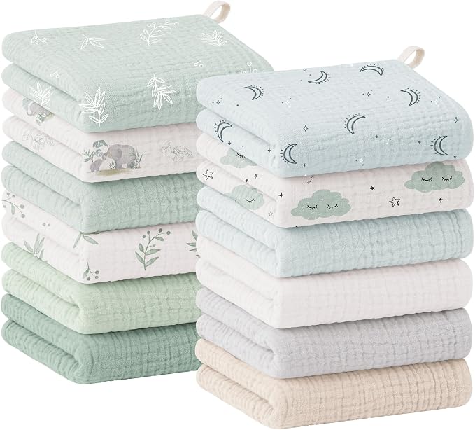 Bearmoss 12 Pack Baby Muslin Washcloths, 100% Cotton 10"x10" Face Towels by Bearmoss