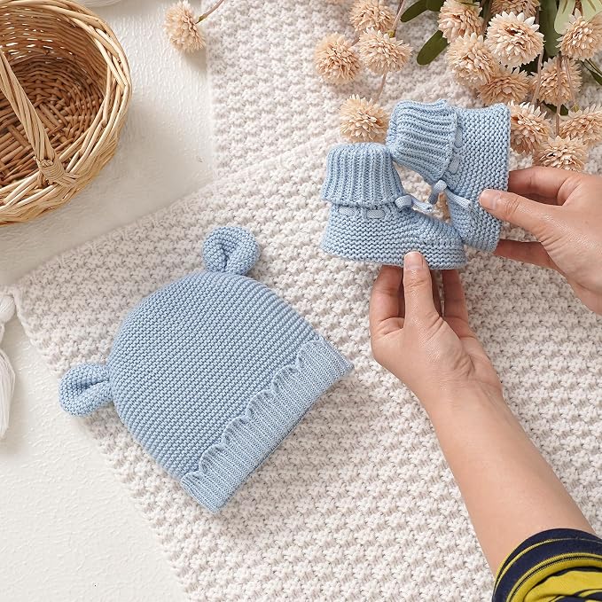 Hadetoto 100% Organic Cotton Baby Beanie and Booties Set | Newborn, Knit Sock - Image 4