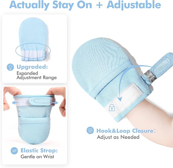 Baby Newborn No Scratch Mittens Stay On, 100% Cotton Adjustable 0-12M | Soft - Image 3