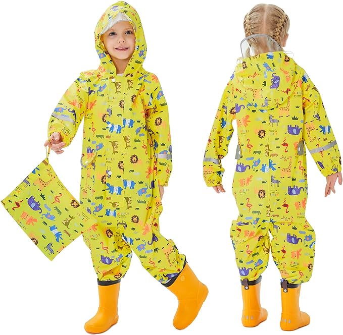 Fewlby Kids Toddler Rain Suit for Boys Girls One Piece Hoodie Zipper Cartoon by FEWLBY