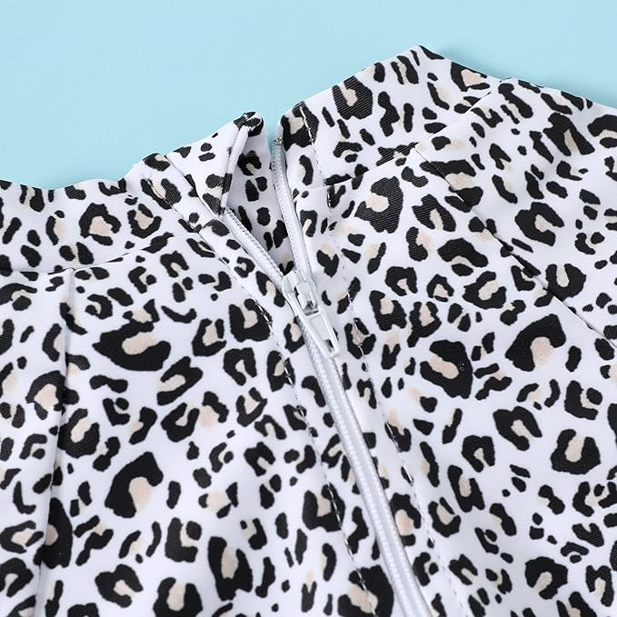 Infant Baby Girl Swimsuit One-Piece Long Sleeve Rash Guard with Hat Set Floral Zipper Bathing Suit Leopard Beach Wear