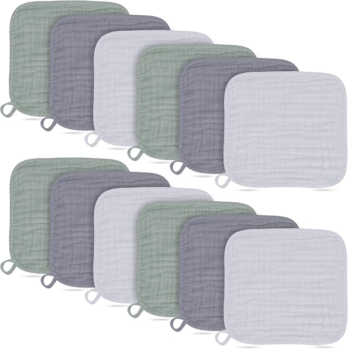 Baby Washcloths -100% Cotton Muslin Soft Baby Bath Wash Cloths and Absorbent by BAMBOOQUEEN