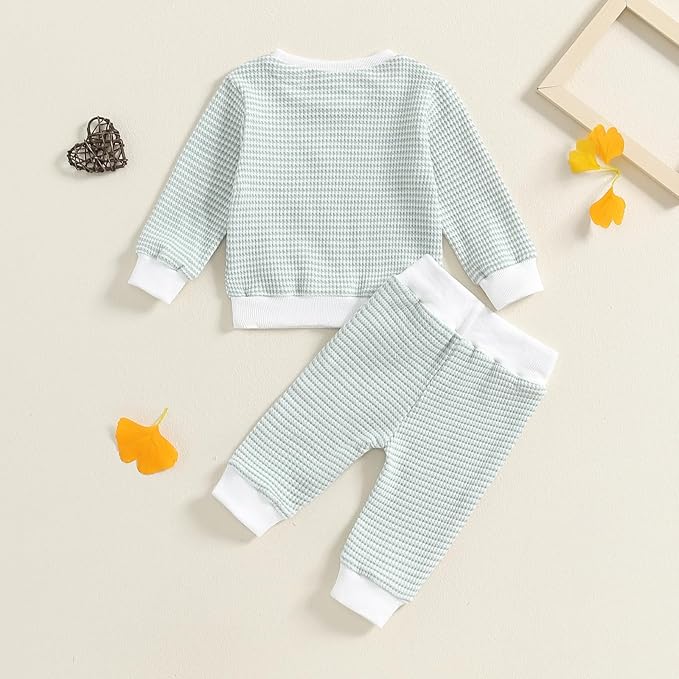 Toddler Baby Boy Fall Clothes Waffle Outfit Long Sleeve Color Blocking Sweatshirt Pullover Jogger Pant Set