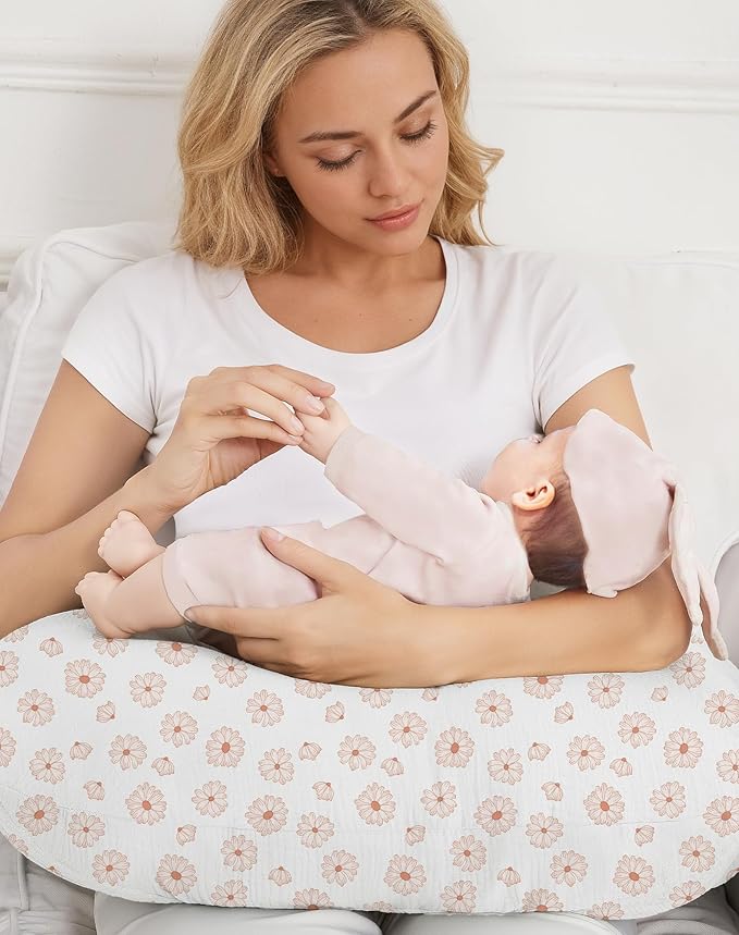 Nursing Pillow Covers, Muslin Nursing Cover for Breastfeeding Pillows, Comfortable for Baby Girls and Boys (Flower-A)