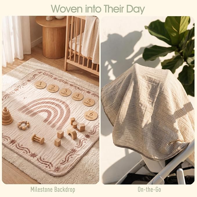Muslin Baby Blanket, Organic Cotton Blend Jacquard | 43x43 Inches, Stripe - Image 4
