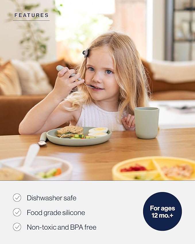 Lalo Big Bites Kids Dinnerware Full Set - Dishwasher Safe, BPA Free, Kids Tableware Set - Includes Stackable Bowl, Plate, Utensils & Cup - 7 Pieces - Blueberry