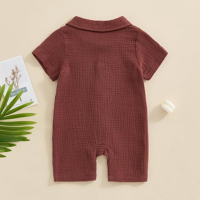 Honganda Summer Baby Boy Cotton Linen Jumpsuit Short Sleeve Button Down - Image 3