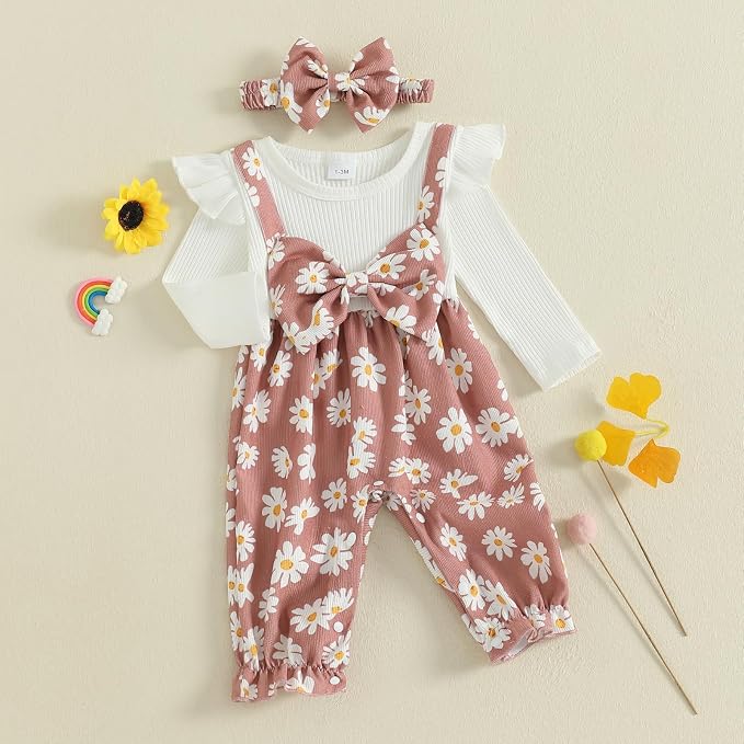 Newborn Baby Girl Clothes Ruffle Sleeve Jumpsuit Corduroy Floral - Image 3