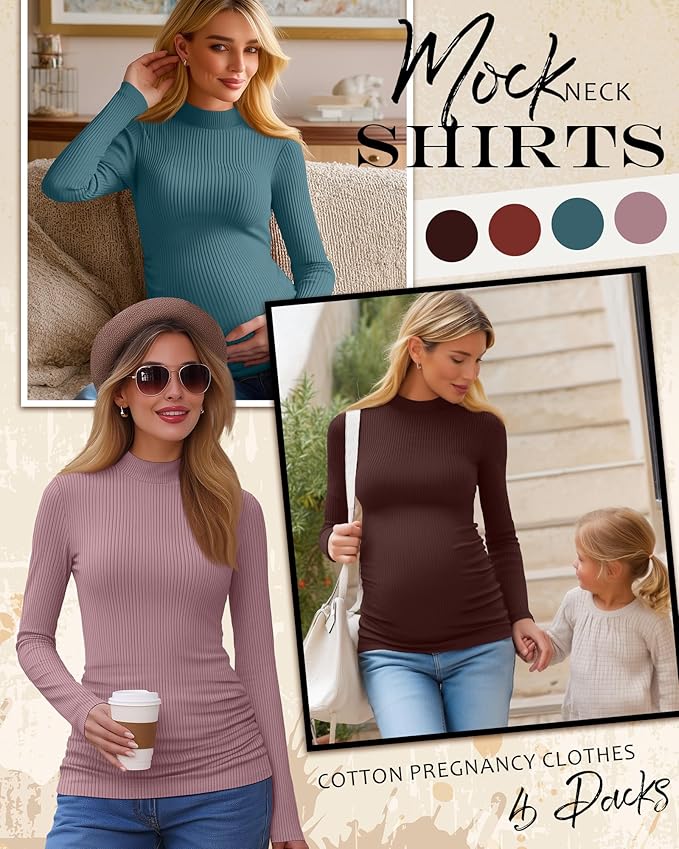 4 Packs Womens Maternity Shirts Long Sleeve Cotton Ribbed Pregnancy Mock Neck Side Ruched Workout Tops for Mama