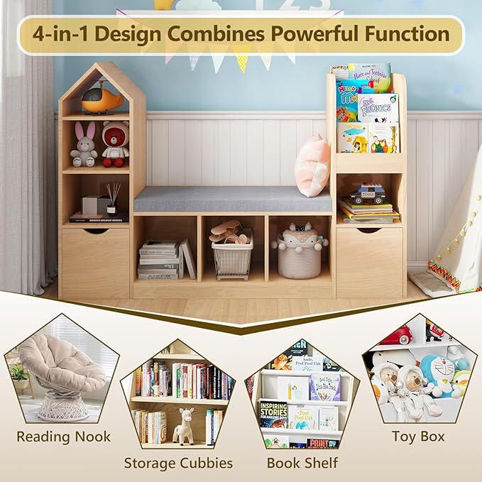 Vabches Kids Bookcase with Reading Nook, Oak Bookshelf with 7 Storage Cubbies & 2 Movable Drawers, Seat Cushion for Toy Storage, Children's Bedroom