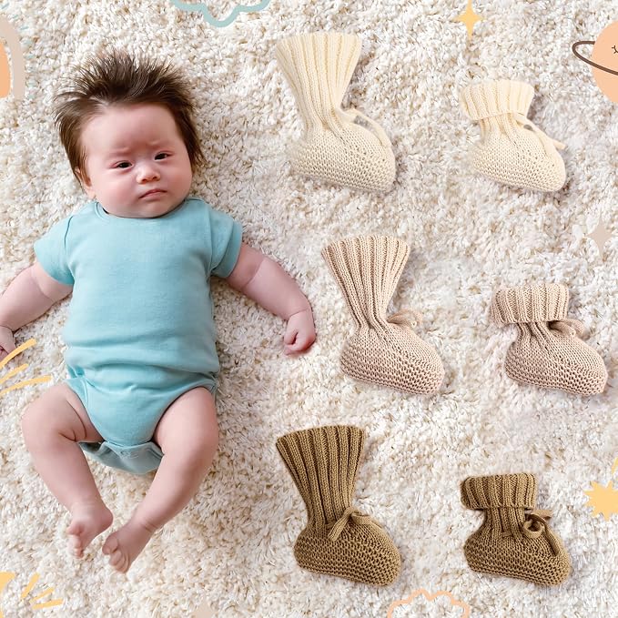 Evervibe 3 Pair Knitted Baby Booties | 100% Cotton, 0-6 Months Newborn - Image 6