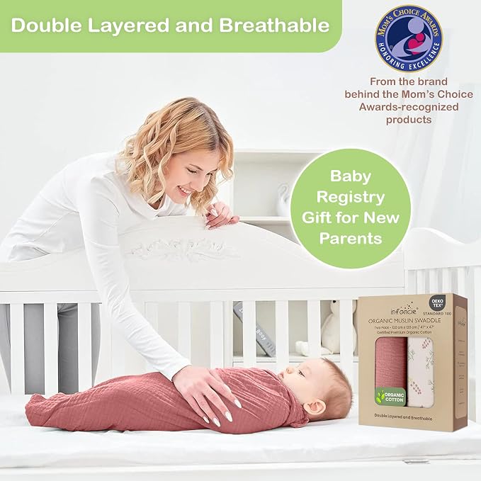 100% Organic Cotton 2 PK Baby Girl Muslin Swaddle Blanket 47x47 in | Oeko-TEX - Image 5