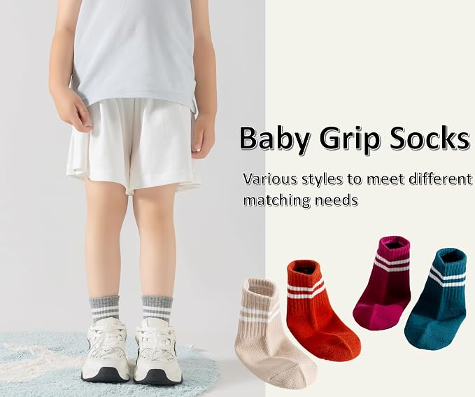 Toddler Grip Socks with Non-Slip Unisex Baby Stripe Crew Cotton Socks | Retro - Image 2