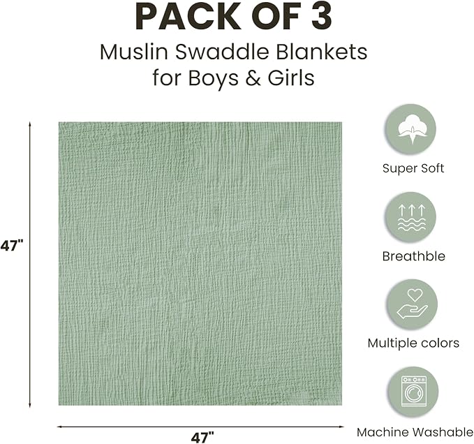 Konssy 3-Pack Muslin Baby Swaddle Blankets, 47 x 47 in Receiving Blankets | - Image 8