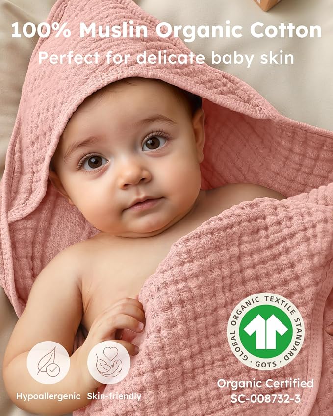 Yoofoss Hooded Baby Bath Towels 2 Pack 100% Muslin Organic Cotton - Image 2