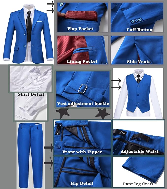Boys Suit Set Slim Fit Kids Formal Suits Toddler Tuxedo Wedding Prom Classic Suits for Boy Teen Black Blue Dress Outfit