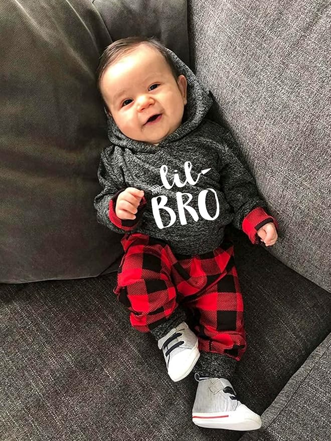 Fommy Newborn Baby Boy Clothes Plaid Letter Print Long Sleeve Hoodies + Long - Image 4