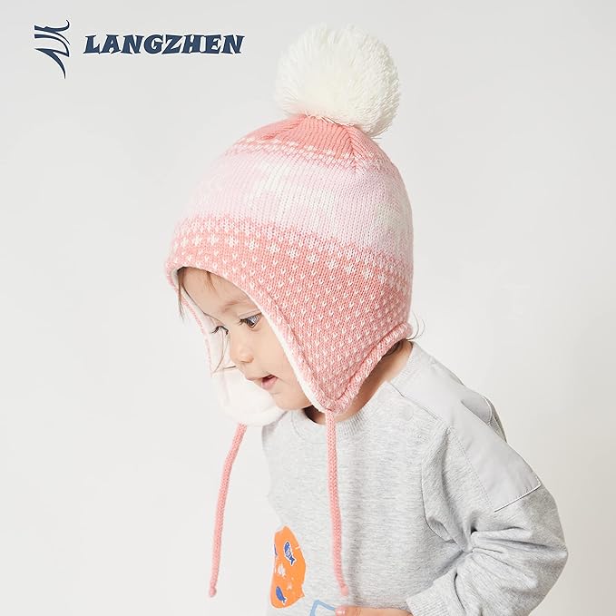 LANGZHEN Toddler Kids Infant Winter Hat,Earflap Knit Warm Cap Fleece Lined Beanie for Baby Boys Girls