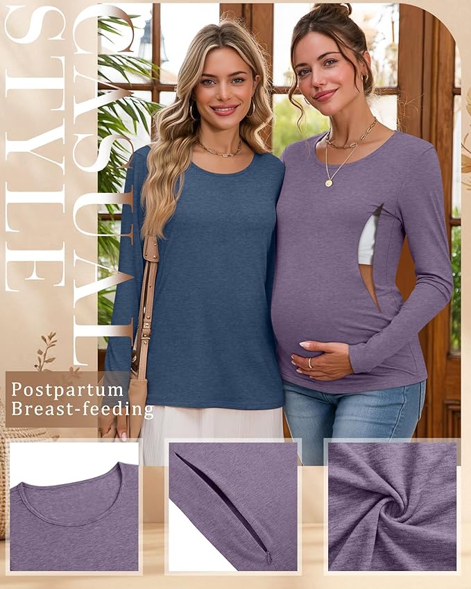 4 Pack Women's Cotton Nursing Tops, Breastfeeding Maternity with Hidden Zippers Crew Neck Long Sleeve Pregnancy Shirts
