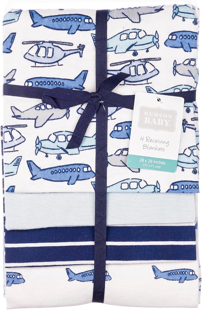 Hudson Baby Infant Boys Cotton Flannel Receiving Blankets 4-Pack, Born To Fly - Image 2