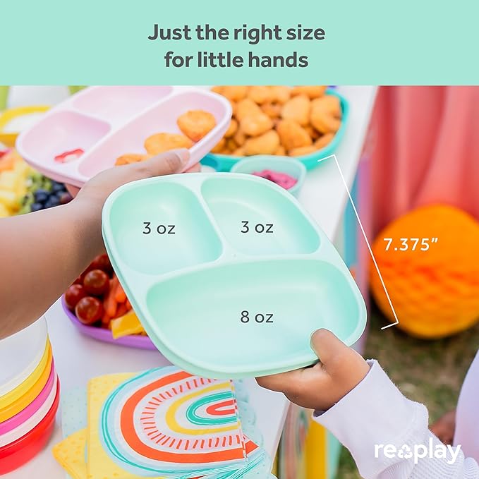 Re-Play Toddler Plates with Dividers - Deep-Walled 3 Compartments Divided Plates for Kids - Dishwasher & Microwave Safe - Made in USA - Set of 4-7.37" x 7.37" x 1.25" - Grey