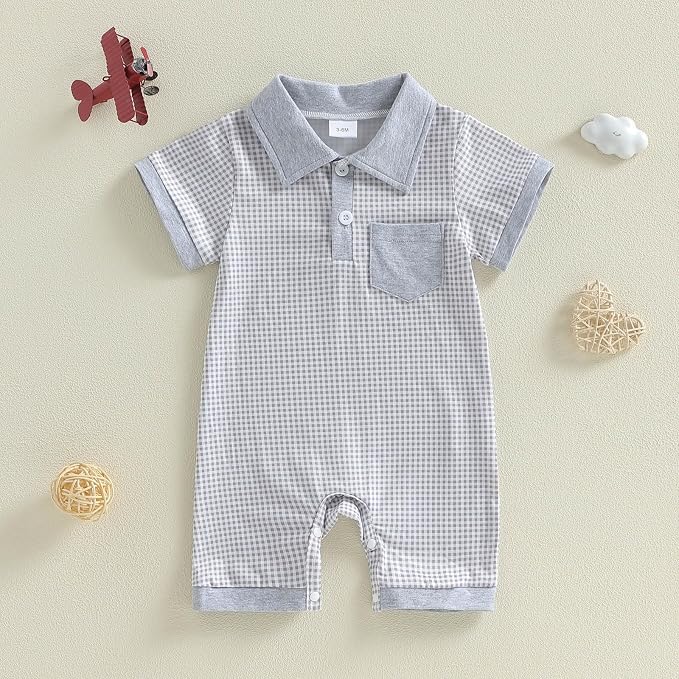 FOCUSNORM Newborn Baby Boy Summer Clothes Short Sleeve Lapel Jumpsuit Collar - Image 5