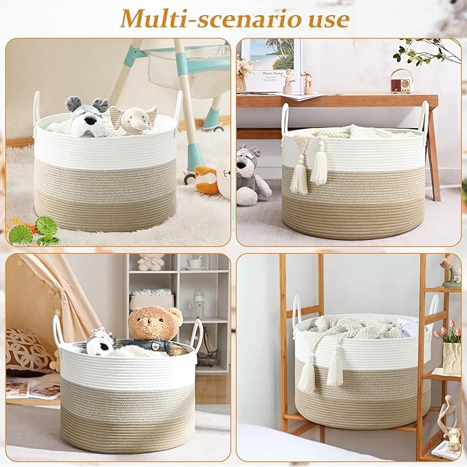 67L Storage Basket for Organizing, 20"×13" Large Laundry Baskets, Cotton Rope Woven Blanket Basket, Toy Storage for Kids, Collapsible Blankets Storage for Living Room, Nursery Room