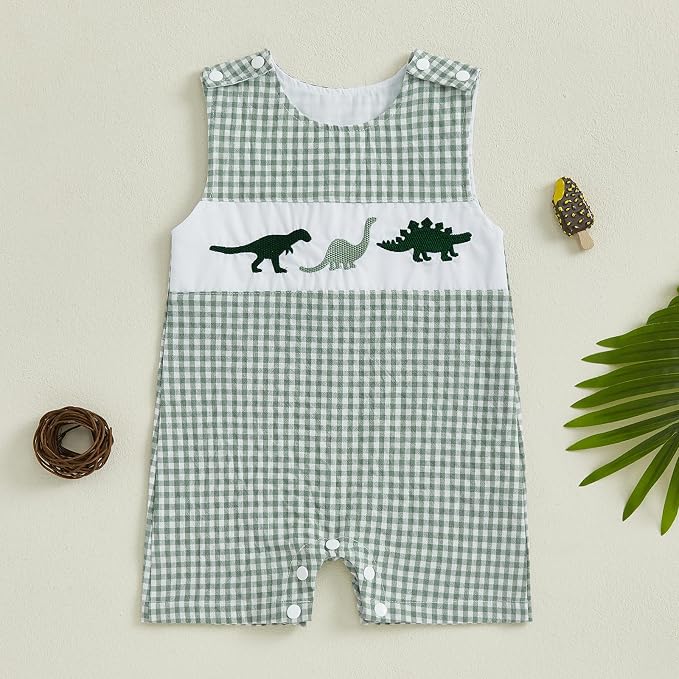 Newborn Baby Boys Sleeveless Seersucker Romper One Piece Straps Overalls - Image 2