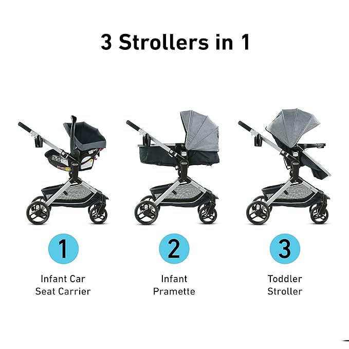 Graco Modes Nest DLX Travel System, 3-in1 Modular Baby Carseat Stroller Combo, Adjustable Slide2Me Infant Car Seat Carrier, Pramette, to Toddler Stroller, Includes SnugRide DLX Infant Car Seat, Raven