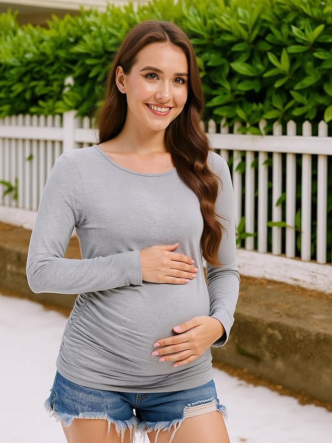 Maternity Shirts Long Sleeve Pregnancy Top for Women with Crew Neck Casual Tee Shirts
