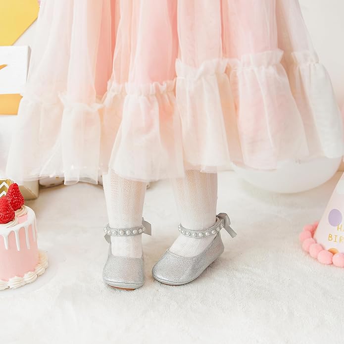 Baby Girls Mary Jane Flats - Infant Newborn Walking Shoes Soft Rubber Sole Princess Wedding