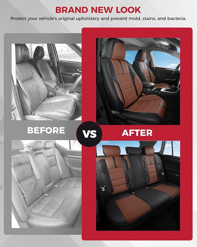 FREESOO Black Brown Car Seat Covers Full Set - Faux Nappa Leather Seat Covers for Cars, with Front Seatbelt Pads, Ultra Waterproof Cushion Protectors Fit for Most 5 Seats Sedans SUV Trucks Pick-ups