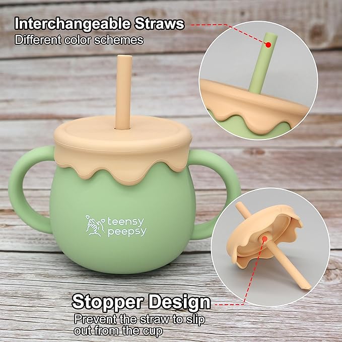 Honey Jar Pot 3-in-1 Silicone Training Cup 8.5oz, Baby Sippy Cup with Straw & Snack Cup for 6 months+ Straw Cup for Baby Boy Gift, Open Cup Toddler Smoothie Drinkware (Forest Green)