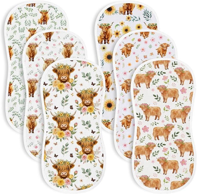 6 Pack Baby Burp Cloths for Boys Girls, Soft Cotton, Highland Cow Floral Theme by Spriggenix