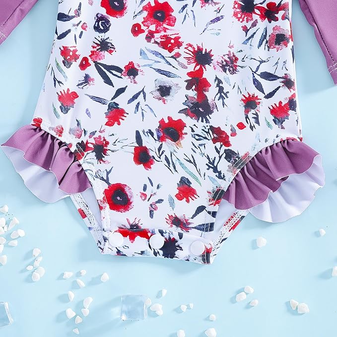 WOLBAY Baby Girl Swimsuit Long Sleeve One Piece Rash Guard with Sun Hat Zipper Bathing Suit Size 0-2T