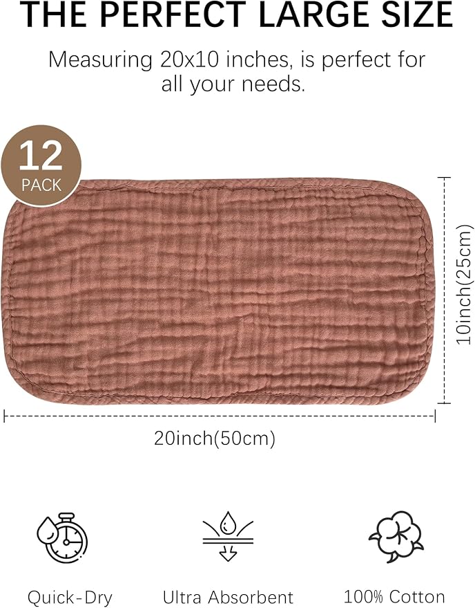 Lovely Care 12 Pack Muslin Burp Cloths 100% Cotton Muslin Cloths Large - Image 2