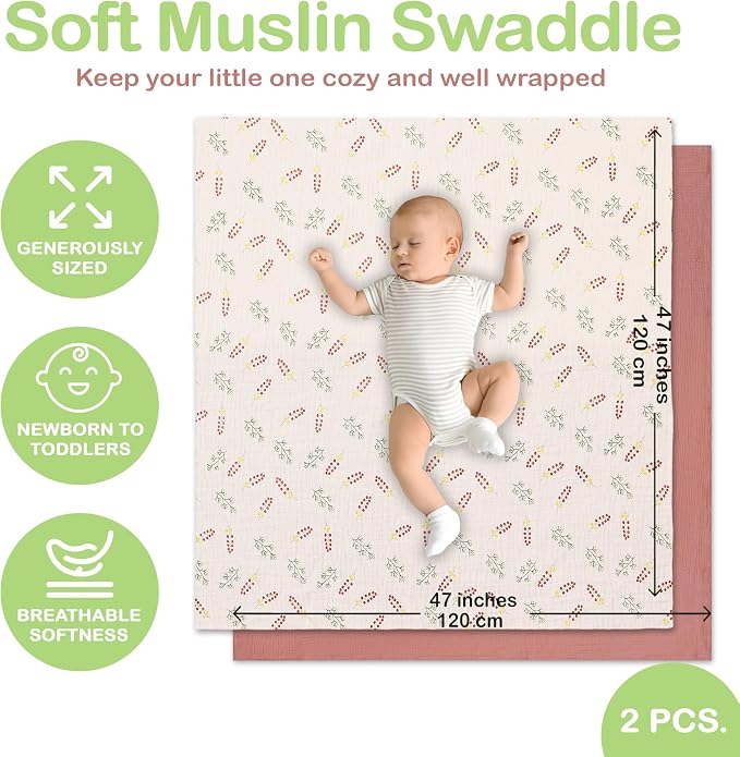 100% Organic Cotton 2 PK Baby Girl Muslin Swaddle Blanket 47x47 in | Oeko-TEX - Image 4