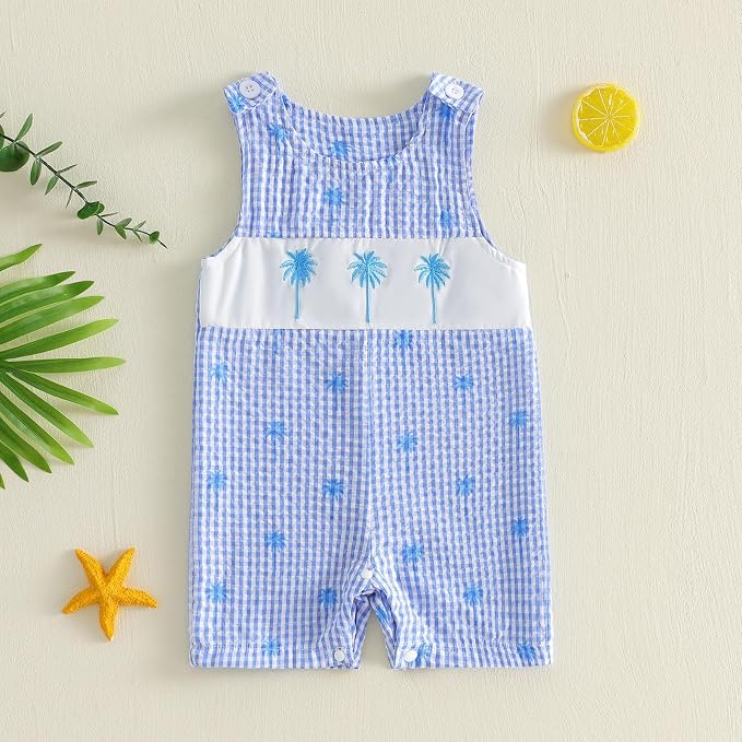 Newborn Baby Boys Sleeveless Seersucker Romper One Piece Straps Overalls - Image 2