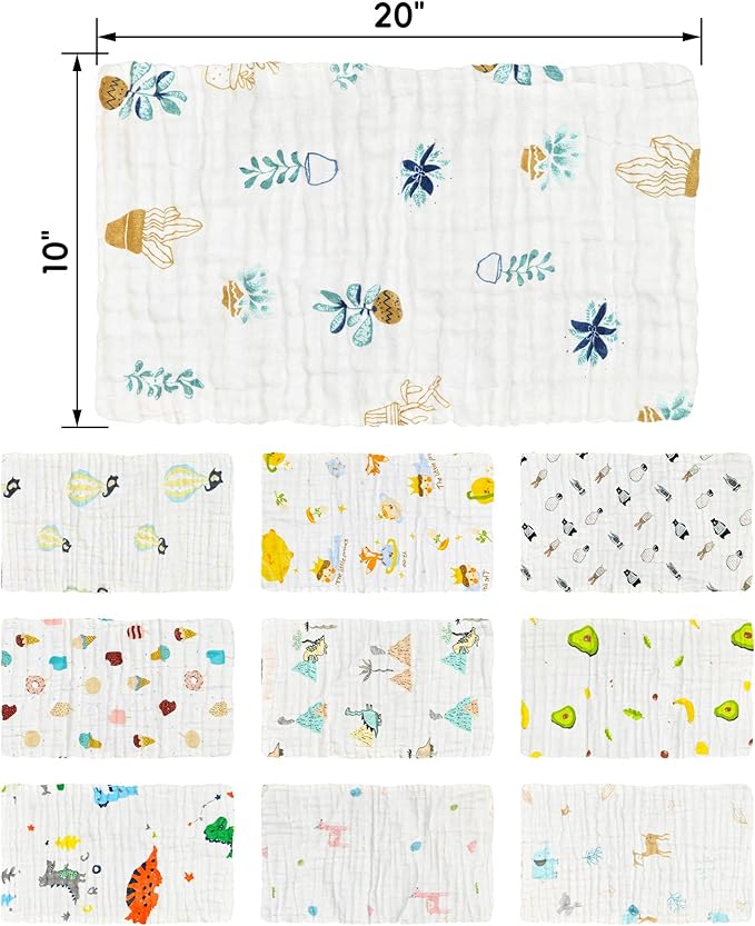 FOOK FISH Muslin Burp Cloths Large 20''x10'' 10 Packs for Baby Spit Up Cloths for Newborn,Absorbent,Soft,Large,6 Layers Baby Burp Rags,Unisex,for Boys and Girls (Animals)