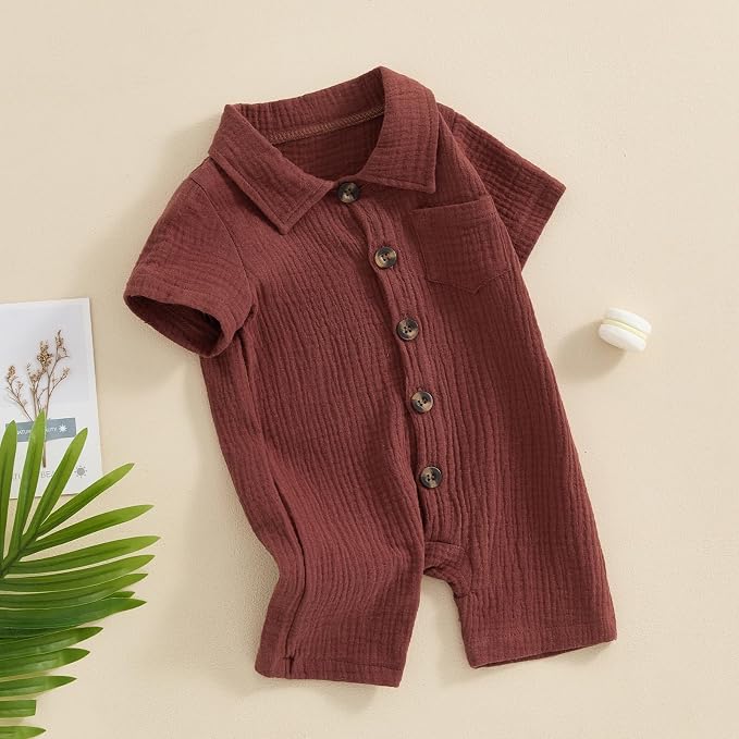 Honganda Summer Baby Boy Cotton Linen Jumpsuit Short Sleeve Button Down - Image 2