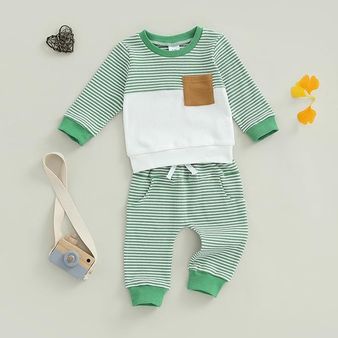 Toddler Baby Boy Fall Clothes Waffle Outfit Long Sleeve Color Blocking Sweatshirt Pullover Jogger Pant Set