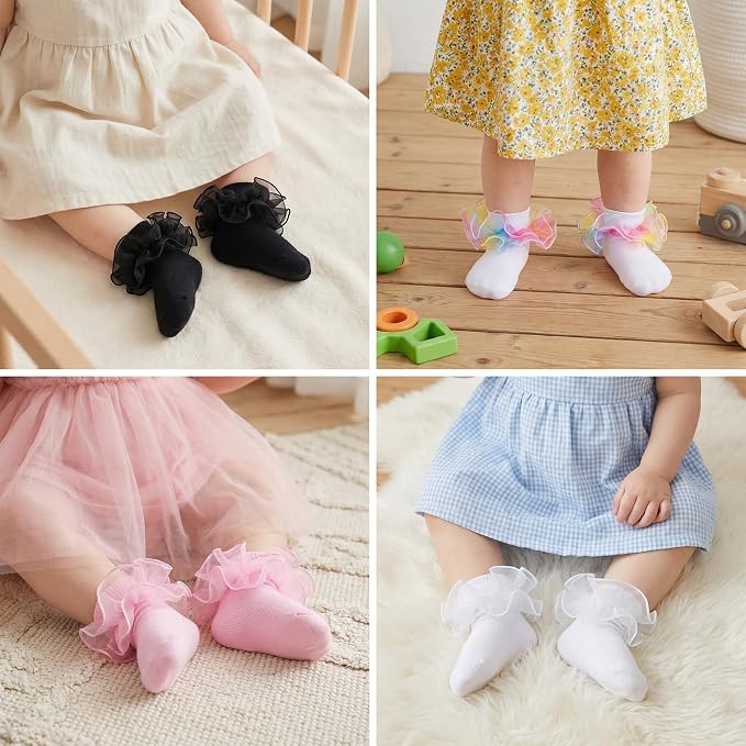 Topbuti 4 Pairs Baby Girls Ruffle Socks Double Lace Frilly Turn Cuff Cotton - Image 6