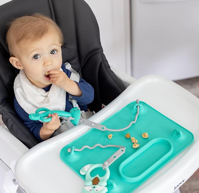 BUSY BABY Silicone Mat - New and Improved Suction Cups, 4 Straps to Secure Baby Essentials, Self Feeding, Baby Led Weaning, Travel Sleeve Included (Blue)