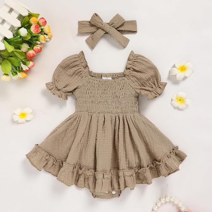 GRNSHTS Baby Girl Romper Dress, Puff Sleeve Smocked Outfit - Image 2
