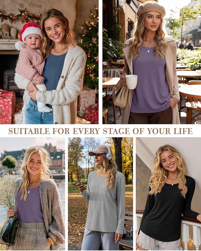 4 Pack Women's Cotton Nursing Tops, Breastfeeding Maternity with Hidden Zippers Crew Neck Long Sleeve Pregnancy Shirts