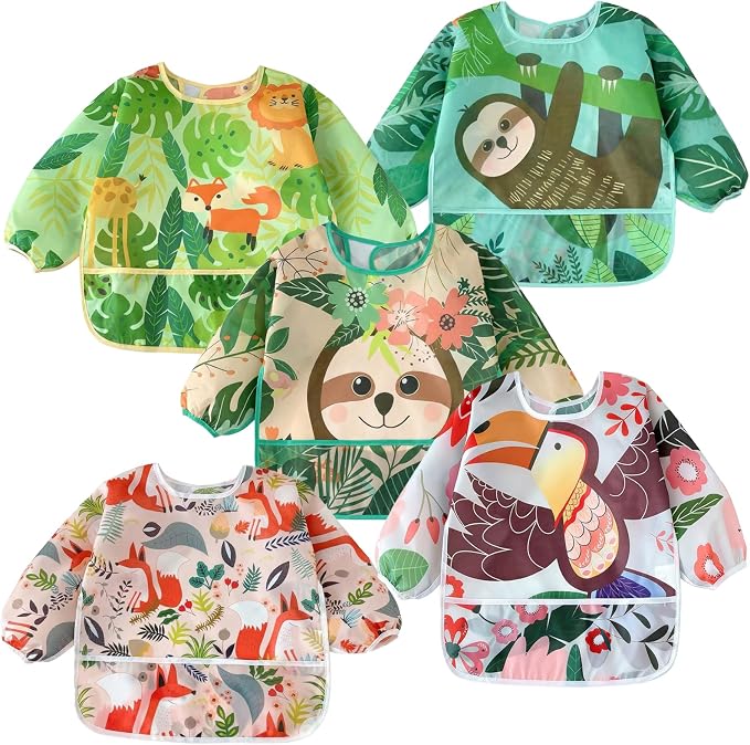 PandaEar 5 Pack Baby Long Sleeve Bibs| Waterproof Full Sleeve Bib by PandaEar